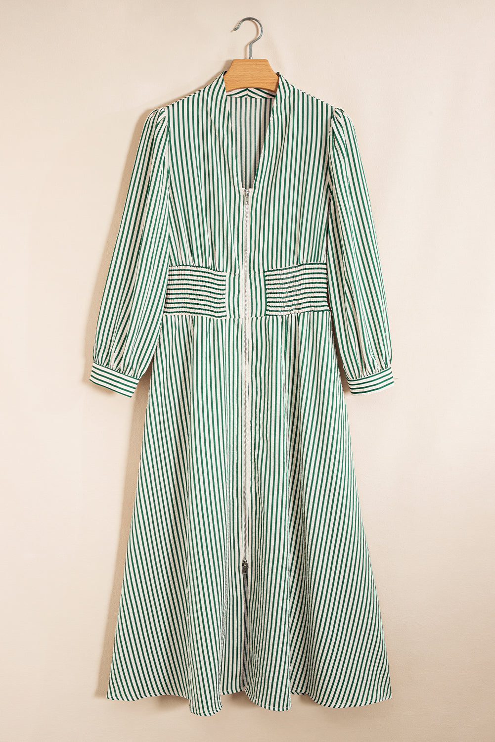Green Stripe Clinched Midi Dress