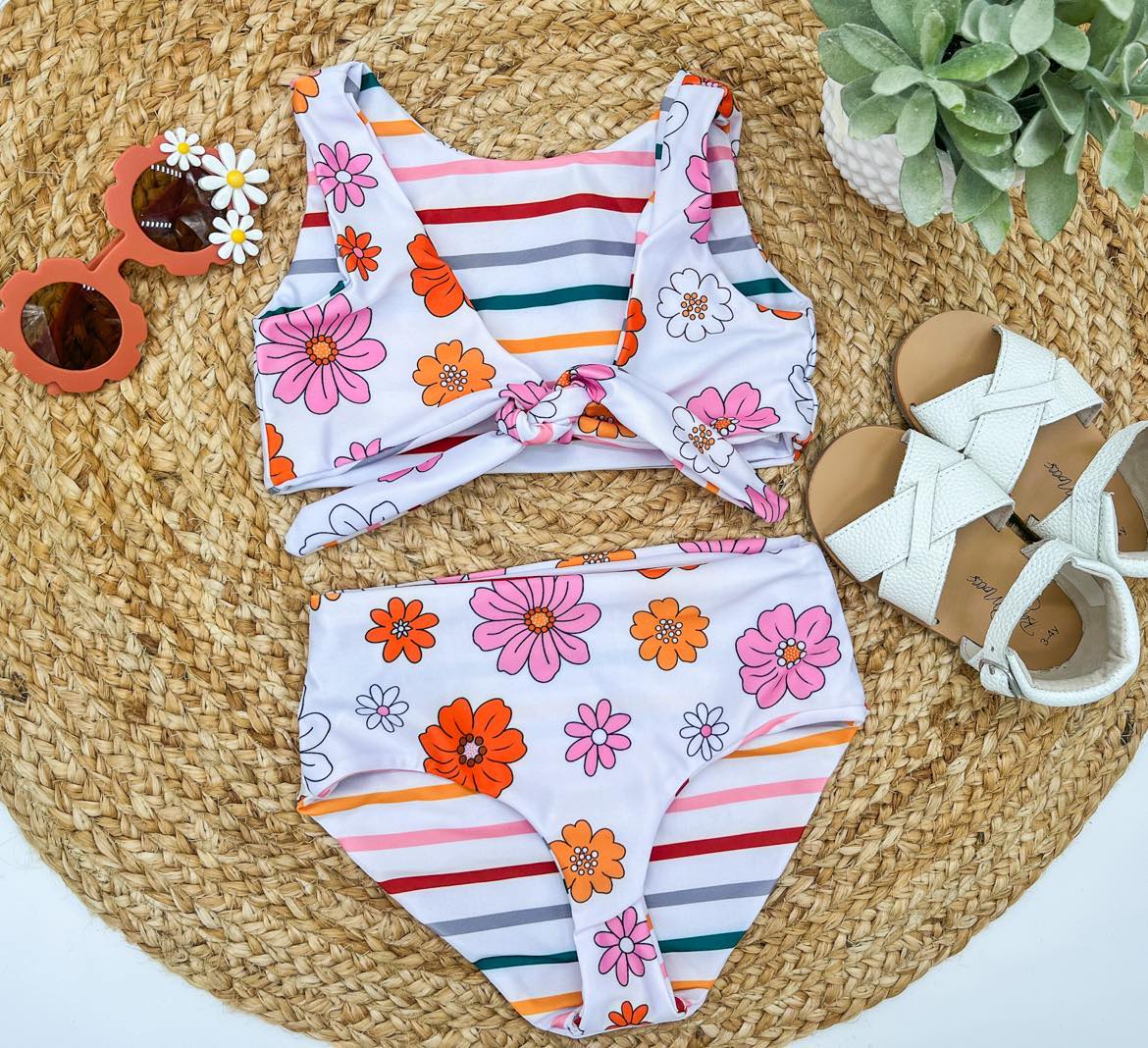 Retro flower and stripes kids reversible swim-
