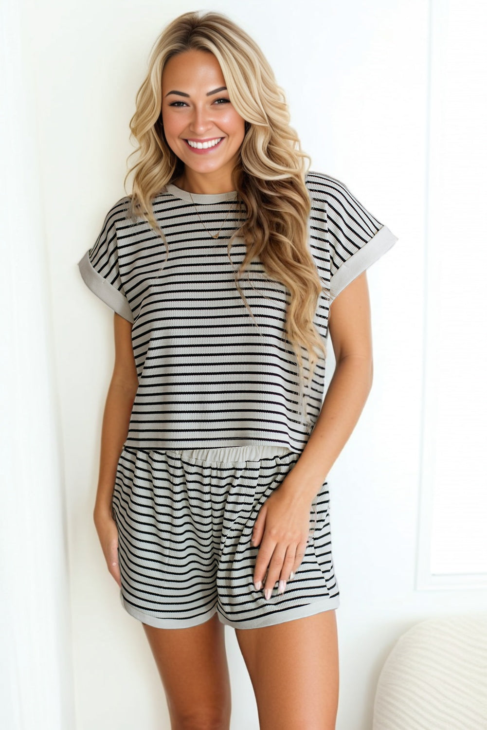 White Stripe Ribbed Tee and Shorts Set