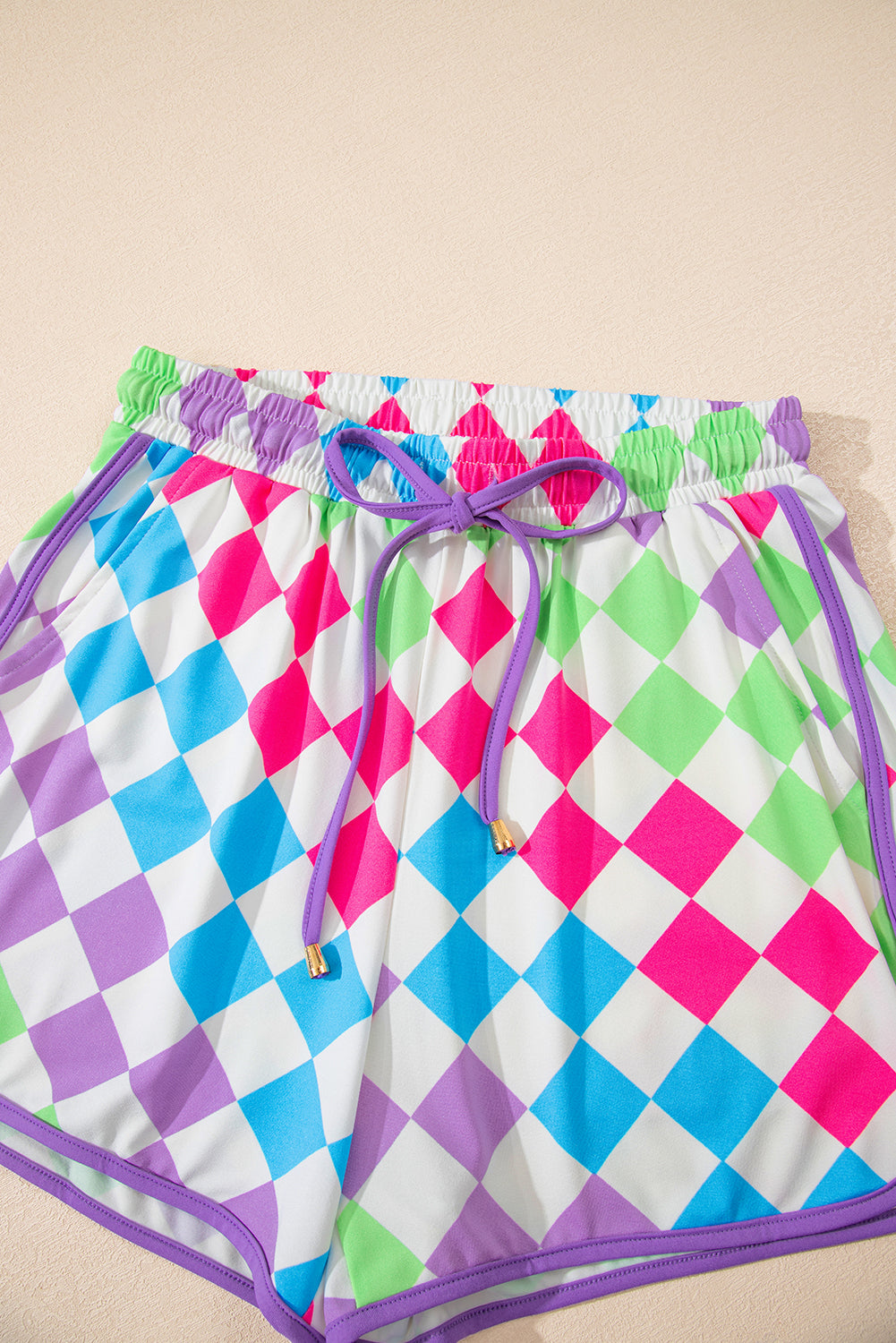 Rose Checkered Drawstring Elastic Waist Casual Shorts