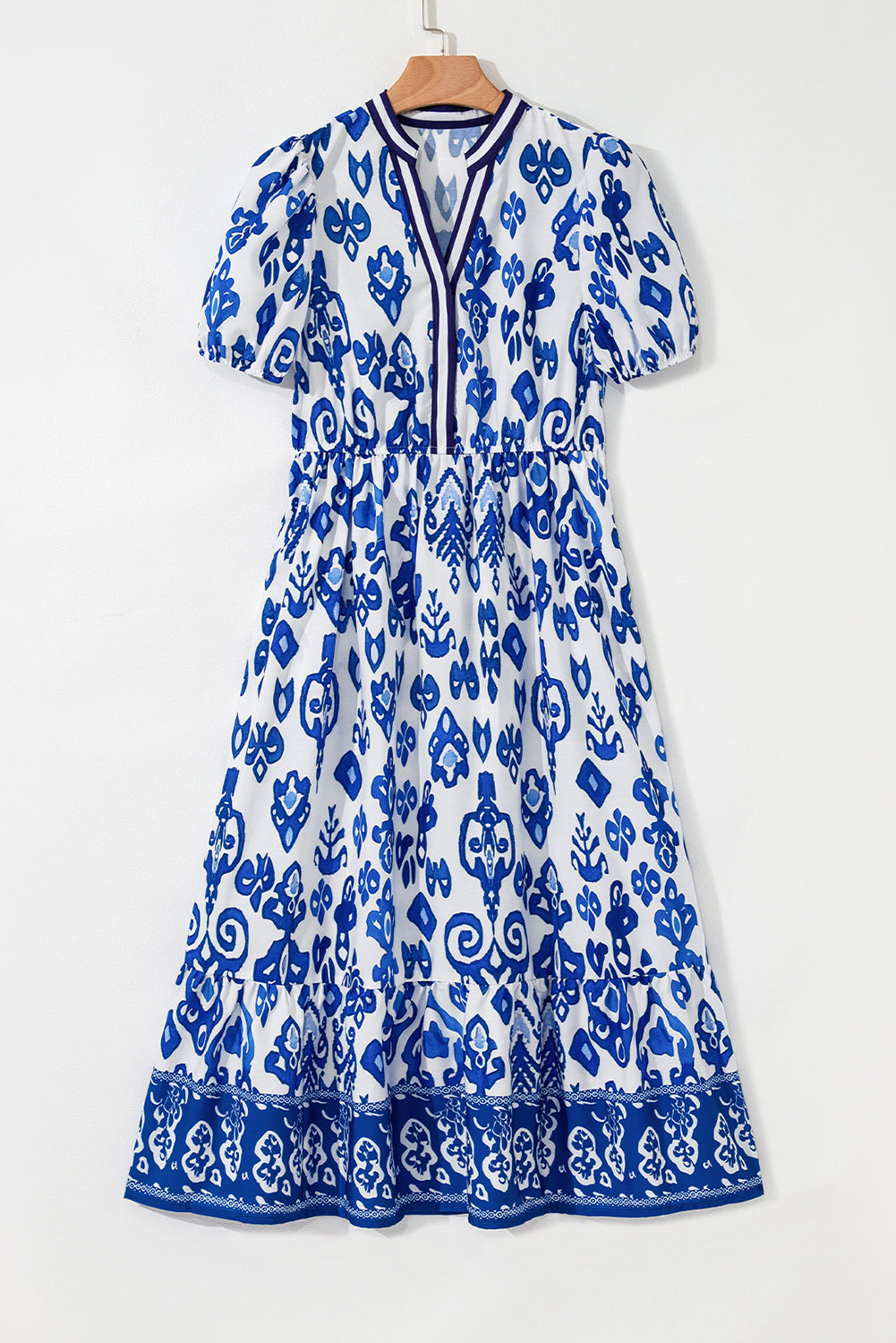 White Floral Puff Short Sleeve V Neck High Waist Maxi Dress