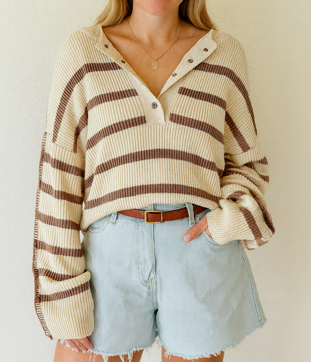 Brown Stripe Ribbed Henley Sweater