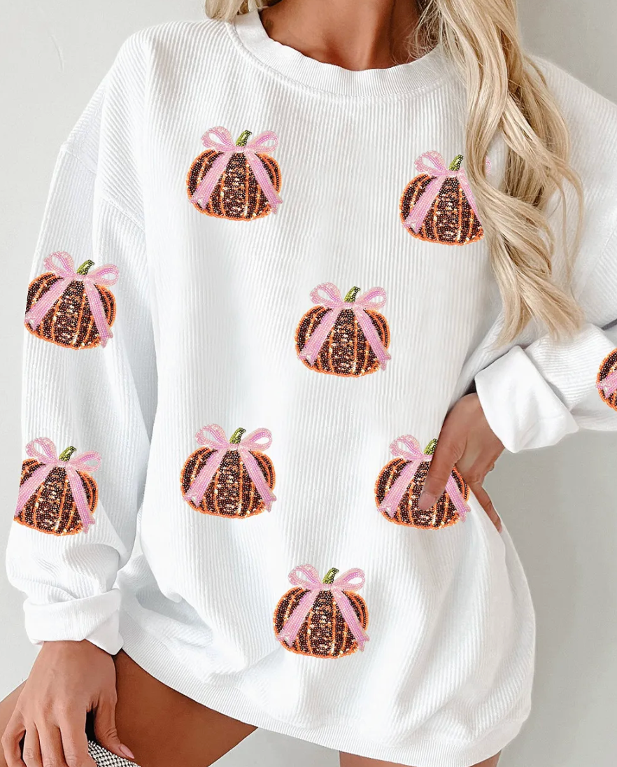 WHITE SEQUIN BOW PUMPKIN RIBBED SWEATSHIRT