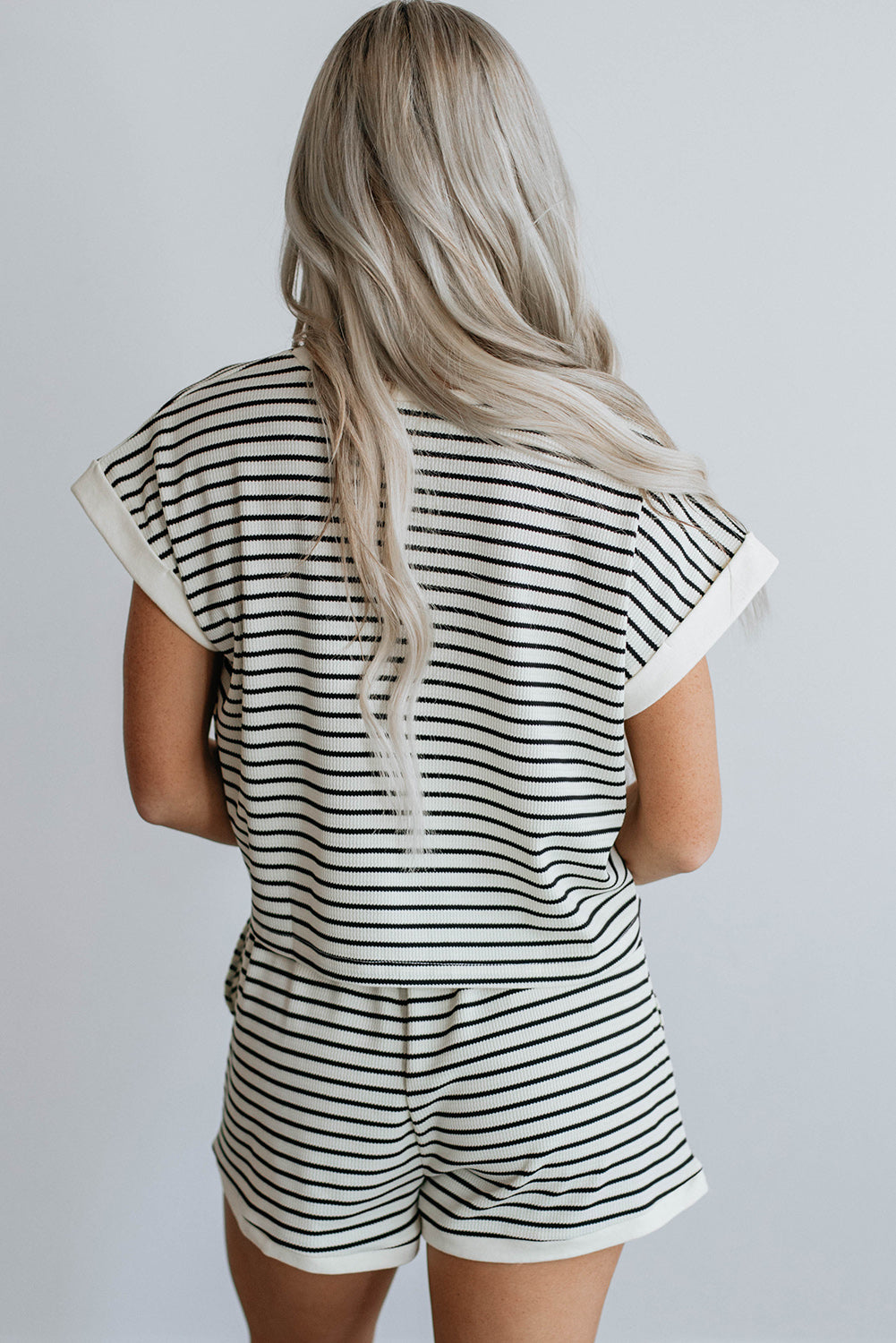 White Stripe Ribbed Tee and Shorts Set