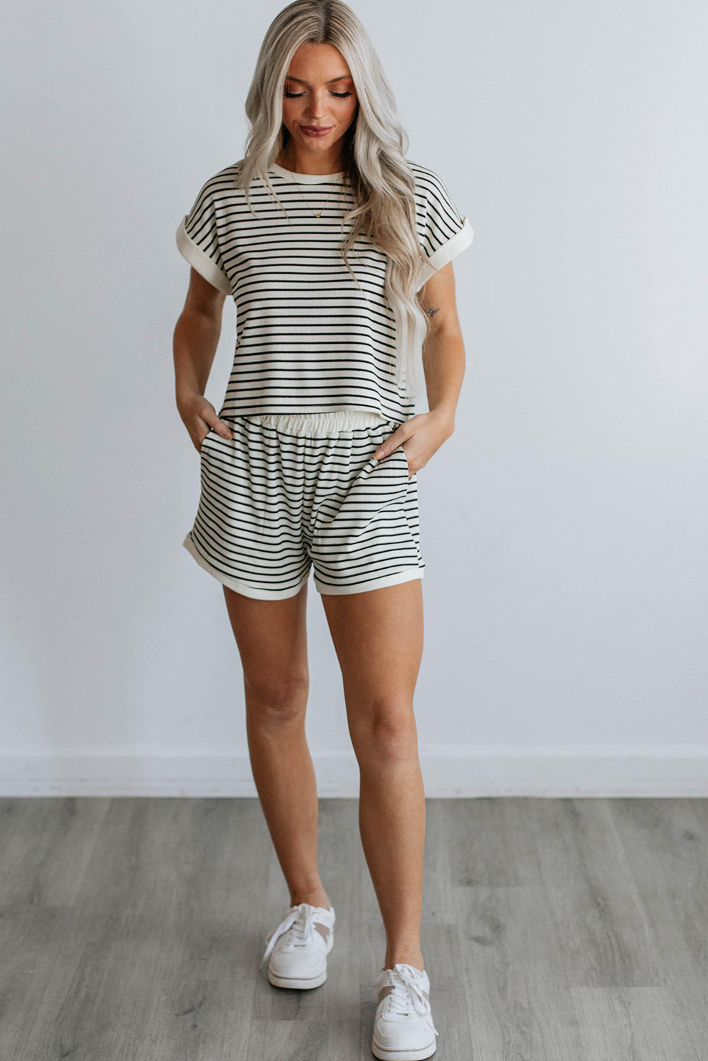 White Stripe Ribbed Tee and Shorts Set