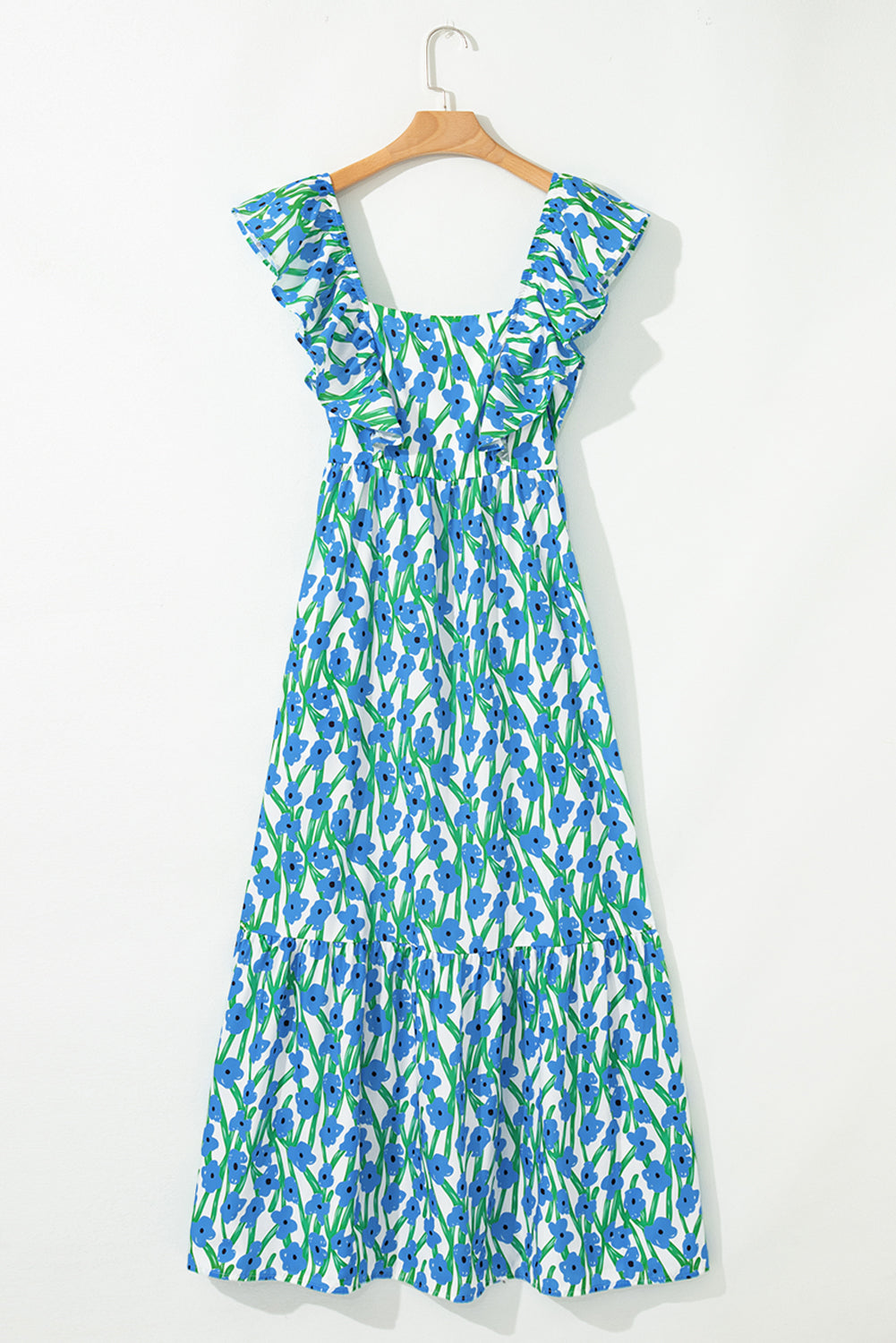 Pink Floral Print Square Neck Ruffled Strap Maxi Dress