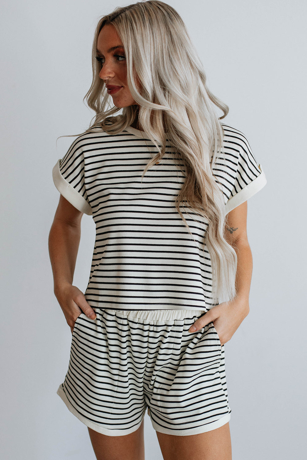 White Stripe Ribbed Tee and Shorts Set
