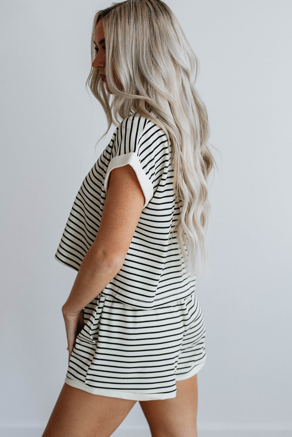 White Stripe Ribbed Tee and Shorts Set