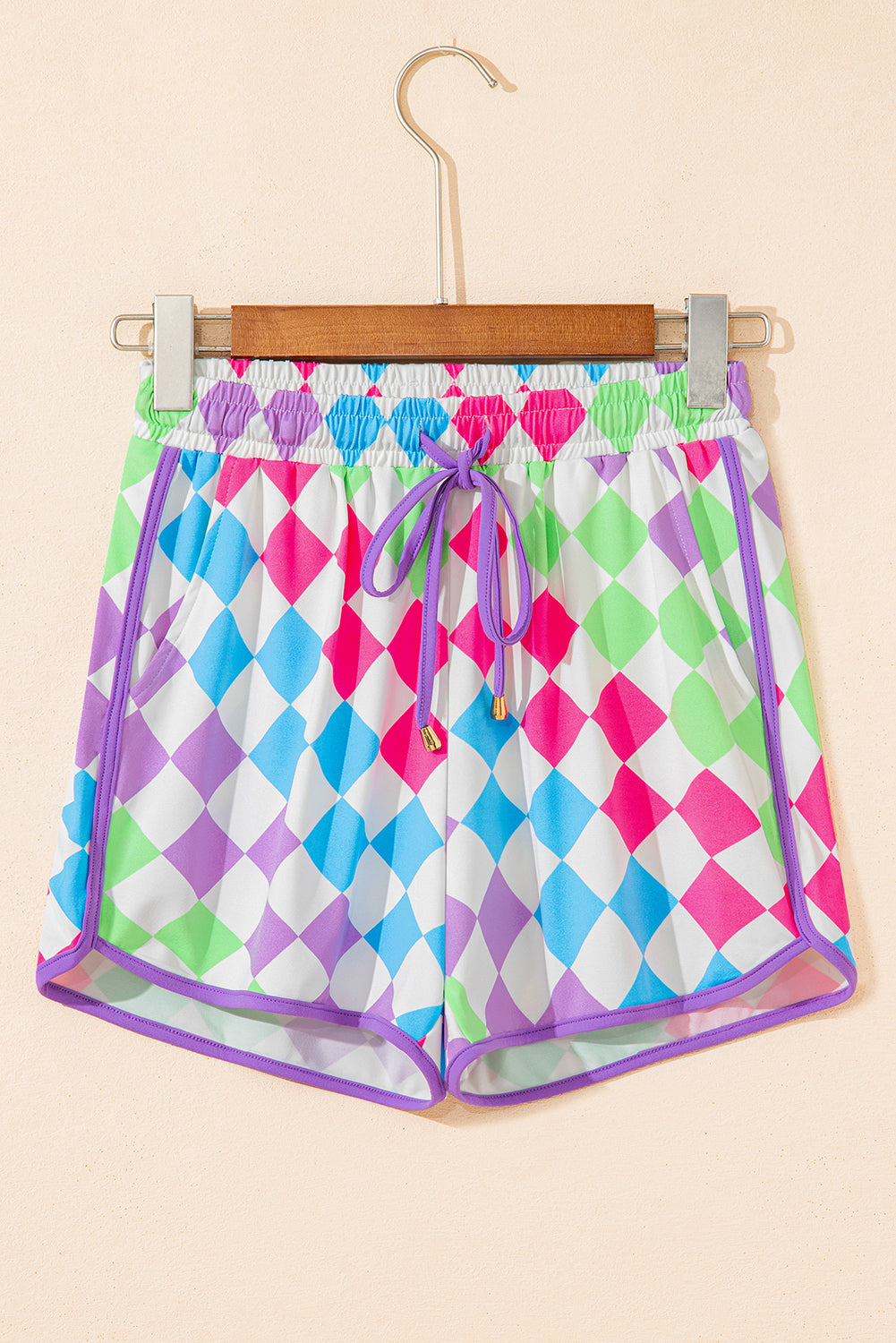 Rose Checkered Drawstring Elastic Waist Casual Shorts