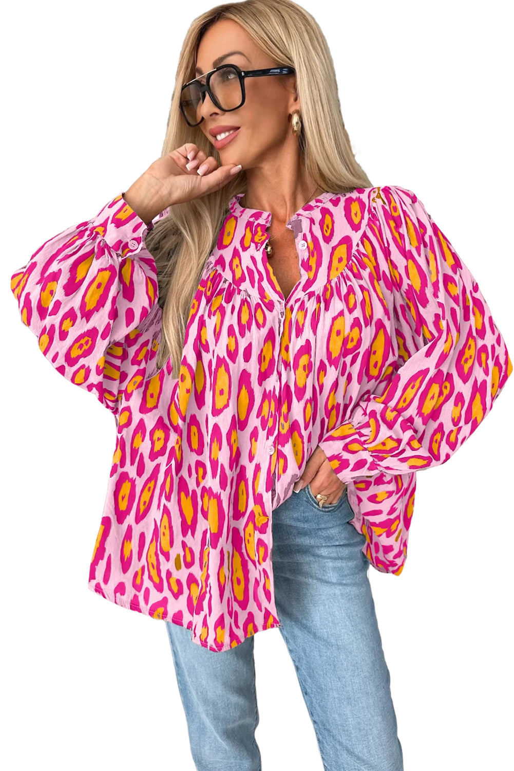 Light French Beige Oversized Leopard Print Balloon Sleeve Casual Shirt