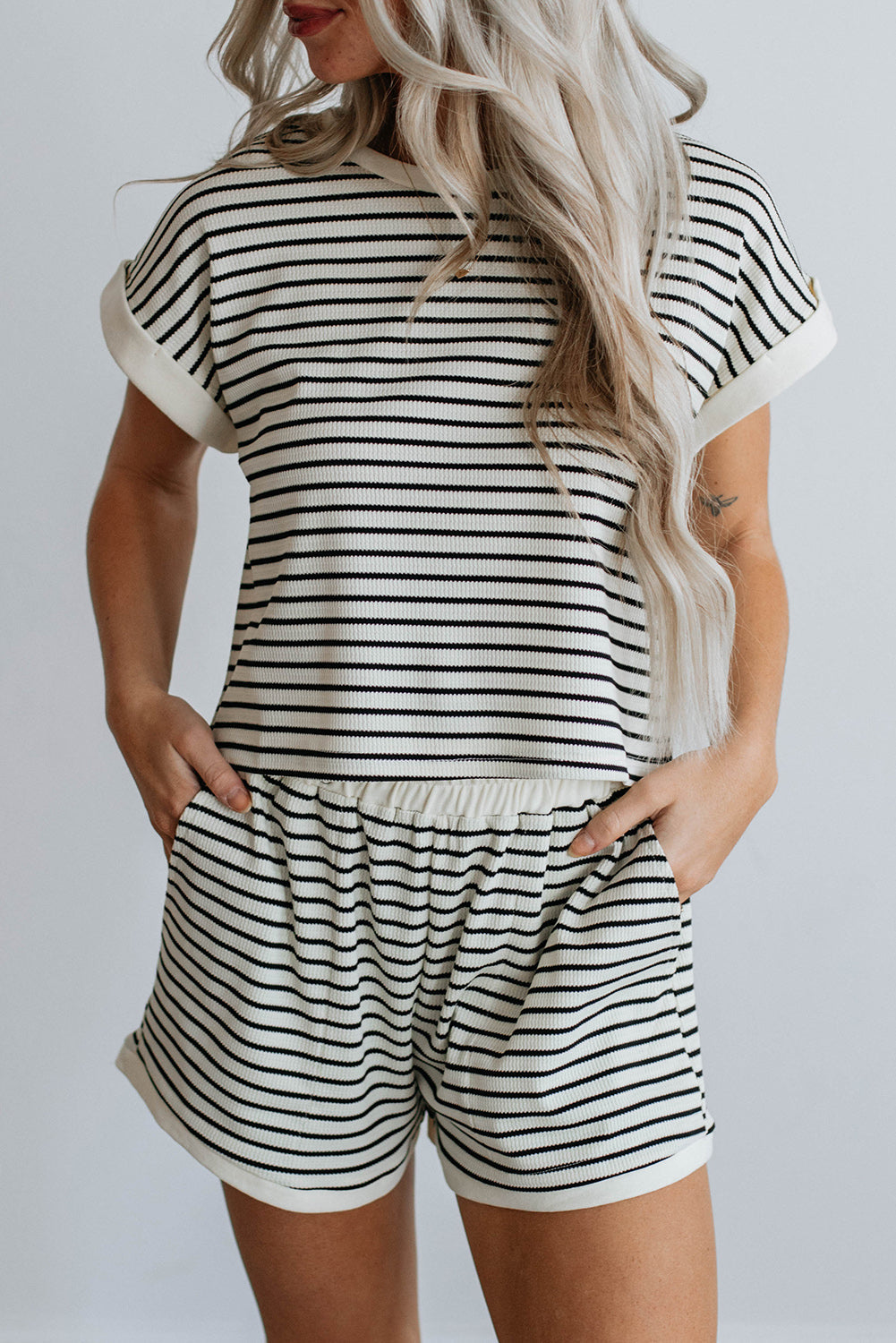 White Stripe Ribbed Tee and Shorts Set