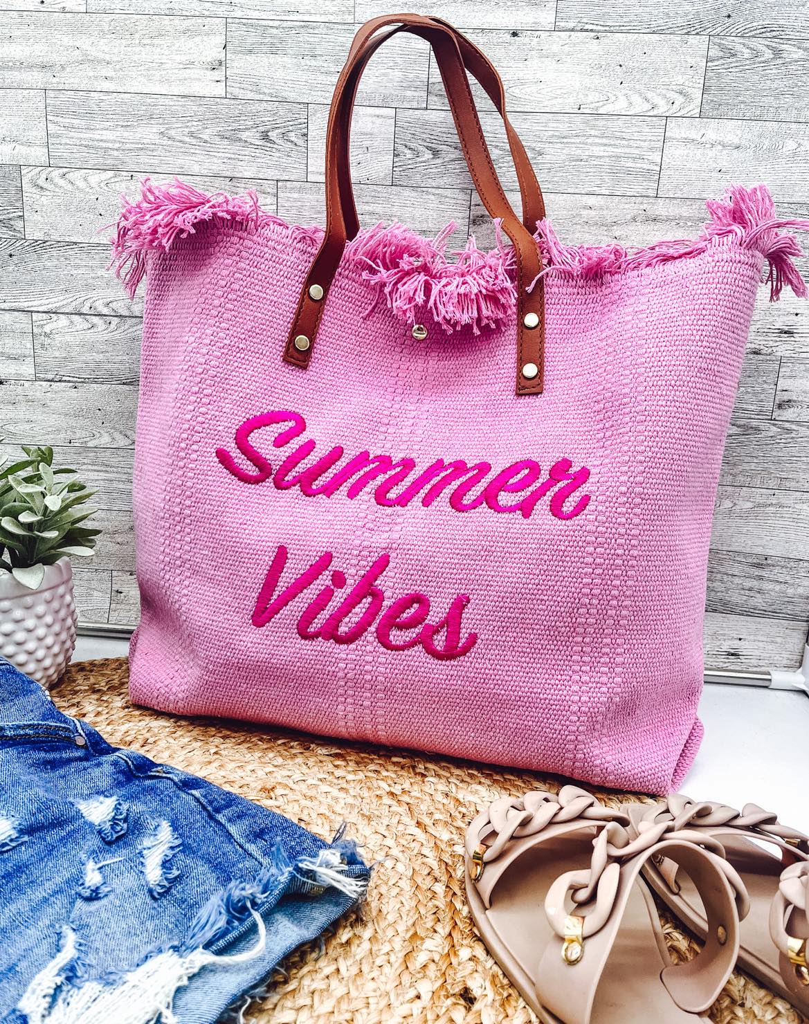 Summer Vibes embroidered Knitted Canvas Tote-