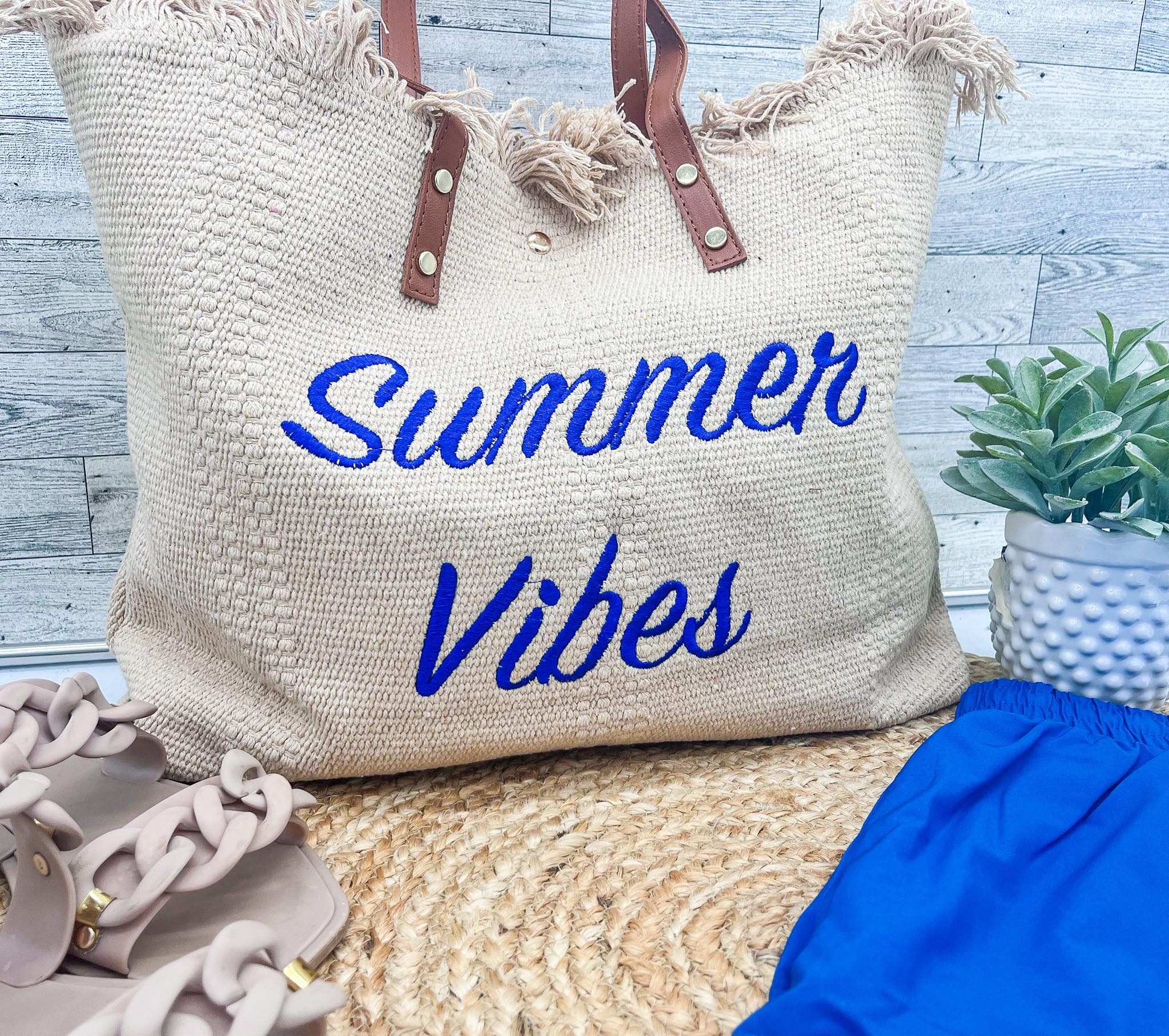Summer Vibes embroidered Knitted Canvas Tote-