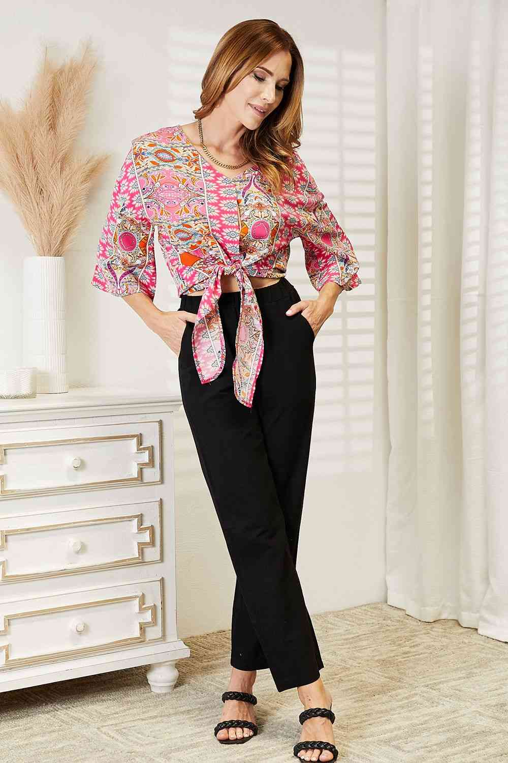 Double Take Tie Hem V-Neck Three-Quarter Sleeve Blouse - The Sapphire Star