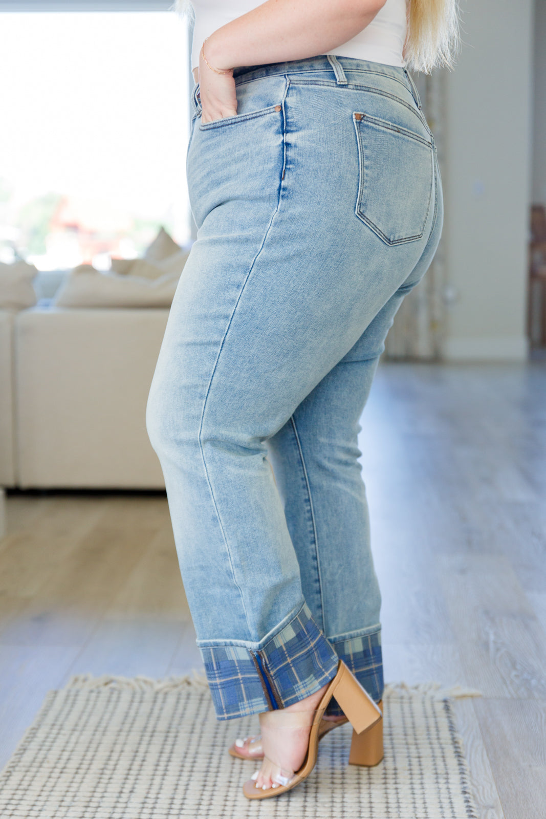 Miranda High Rise Plaid Cuff Vintage Straight Jeans - The Sapphire Star