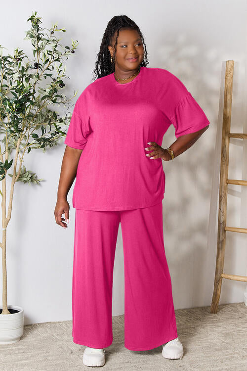 Double Take Full Size Round Neck Slit Top and Pants Set - The Sapphire Star