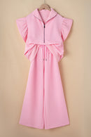 Pink Textured Ruffled Sleeve Zipped Top and Wide Leg Pants Set