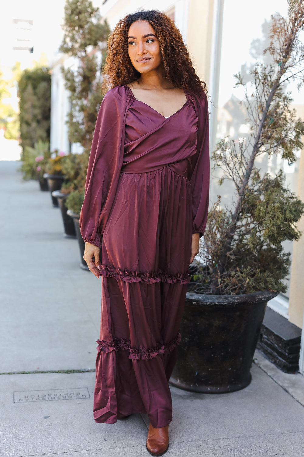 Vibes Wine Satin Front Overlap Smocked Back Maxi Dress