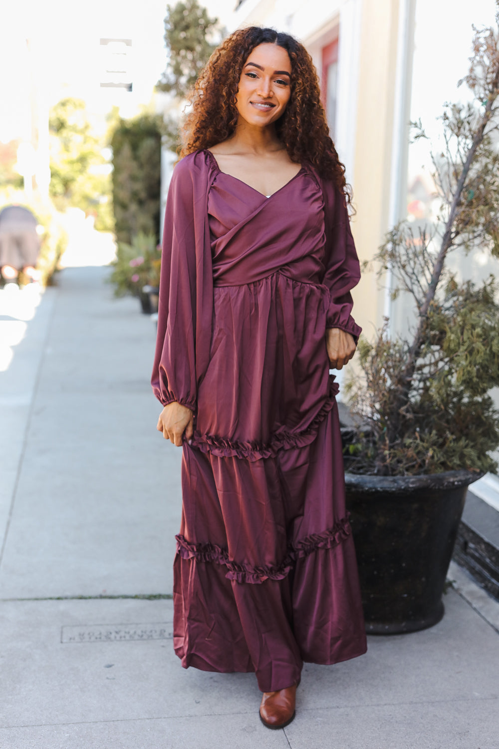 Vibes Wine Satin Front Overlap Smocked Back Maxi Dress