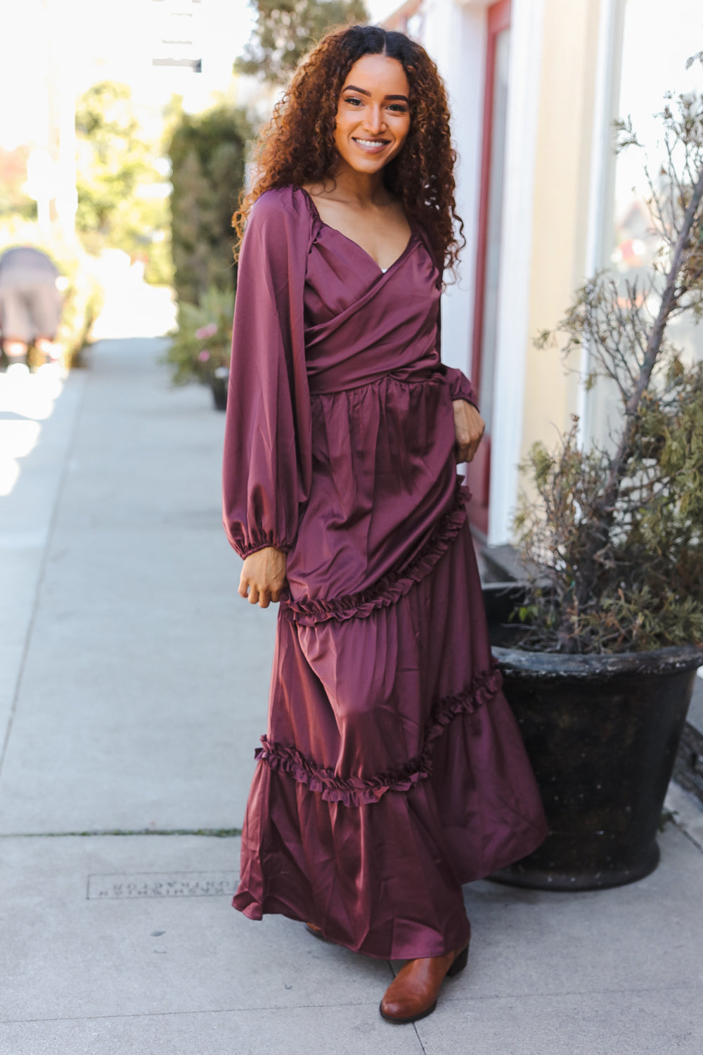 Vibes Wine Satin Front Overlap Smocked Back Maxi Dress