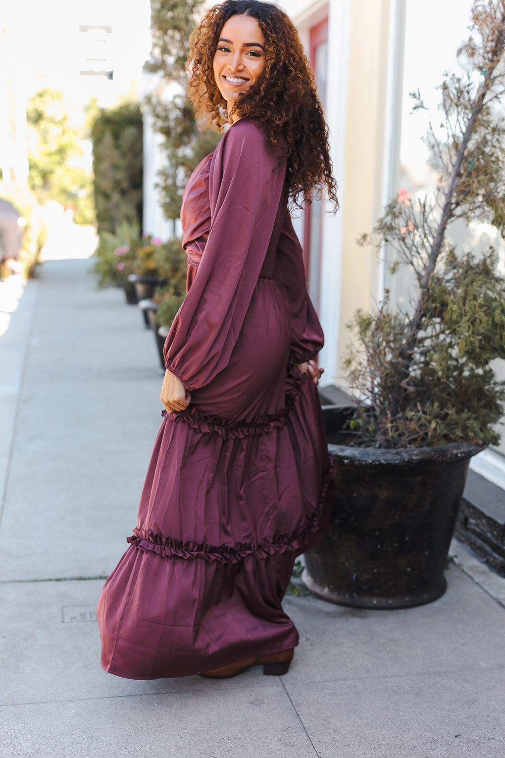 Vibes Wine Satin Front Overlap Smocked Back Maxi Dress