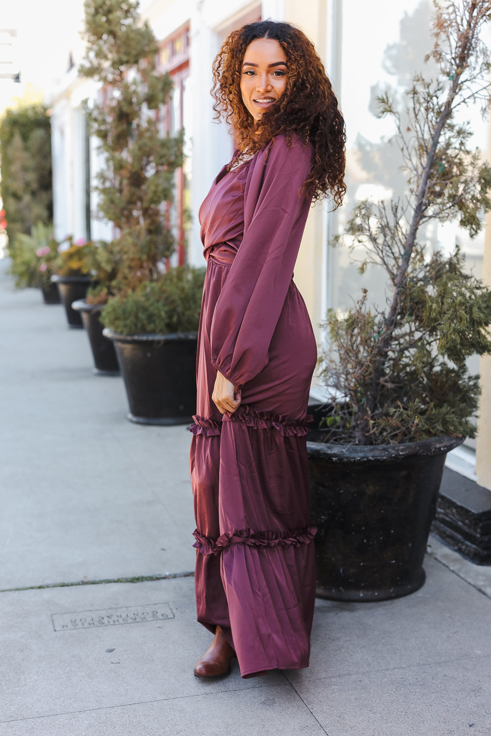 Vibes Wine Satin Front Overlap Smocked Back Maxi Dress