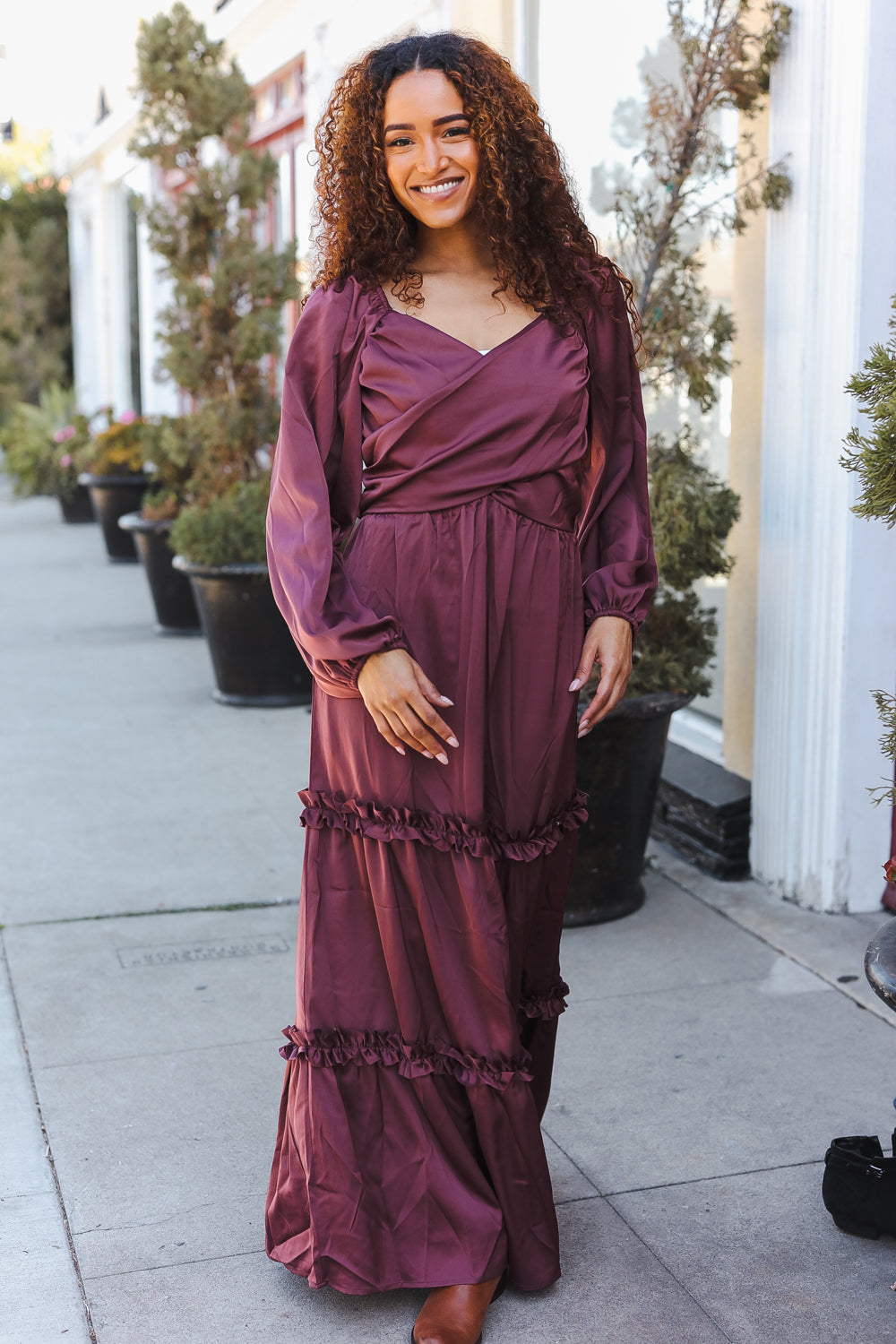 Vibes Wine Satin Front Overlap Smocked Back Maxi Dress