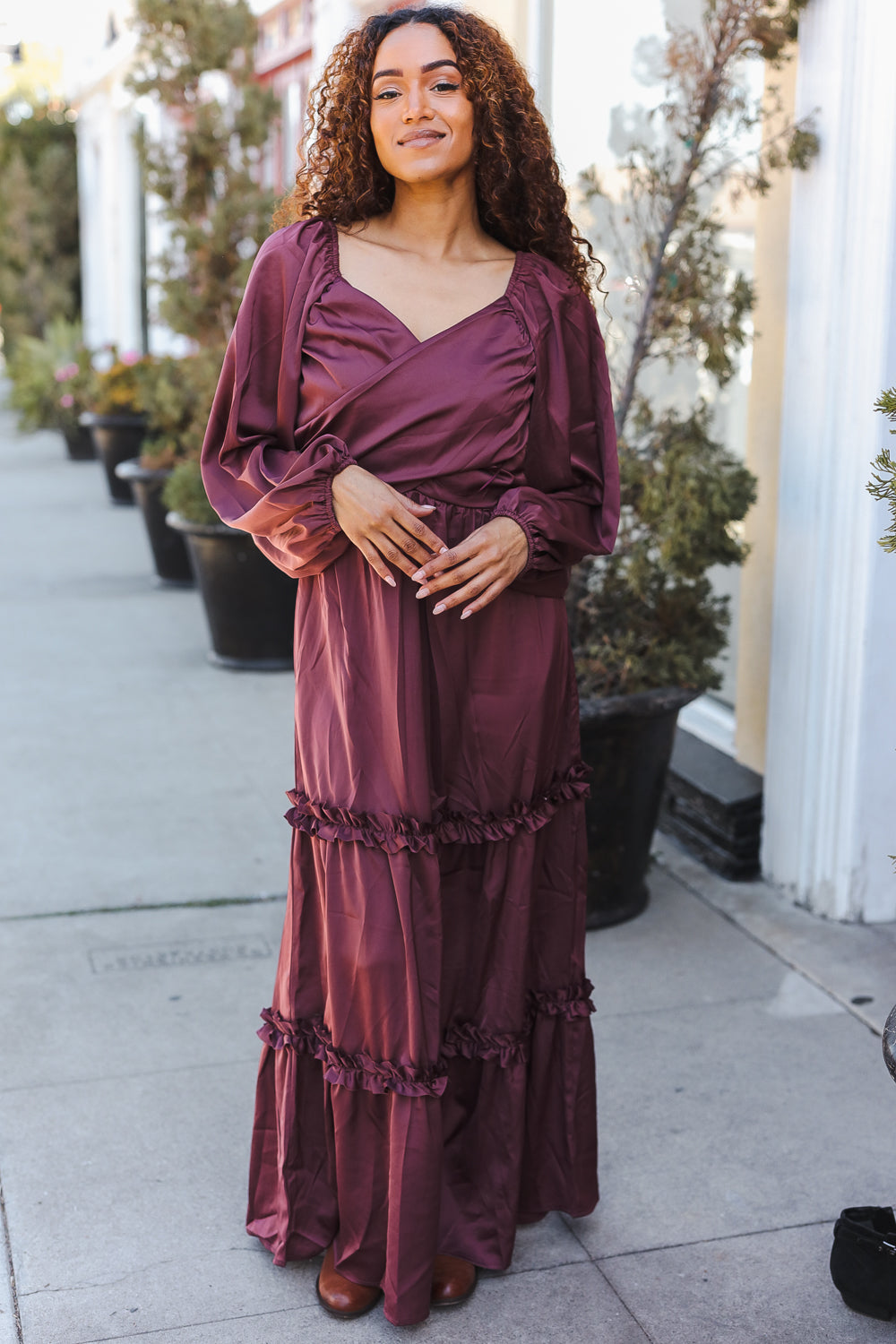 Vibes Wine Satin Front Overlap Smocked Back Maxi Dress