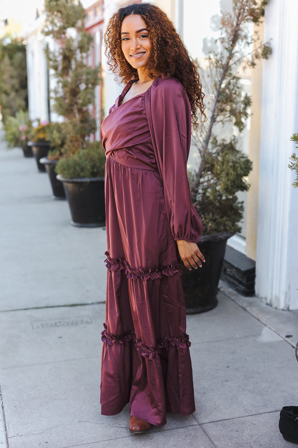 Vibes Wine Satin Front Overlap Smocked Back Maxi Dress