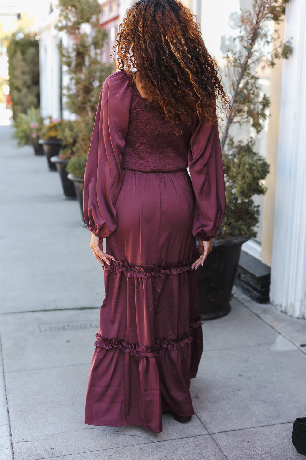 Vibes Wine Satin Front Overlap Smocked Back Maxi Dress