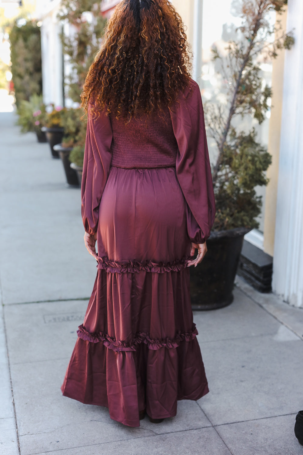 Vibes Wine Satin Front Overlap Smocked Back Maxi Dress