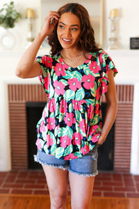 Black & Pink Floral Ruffle Short Sleeve Babydoll Top