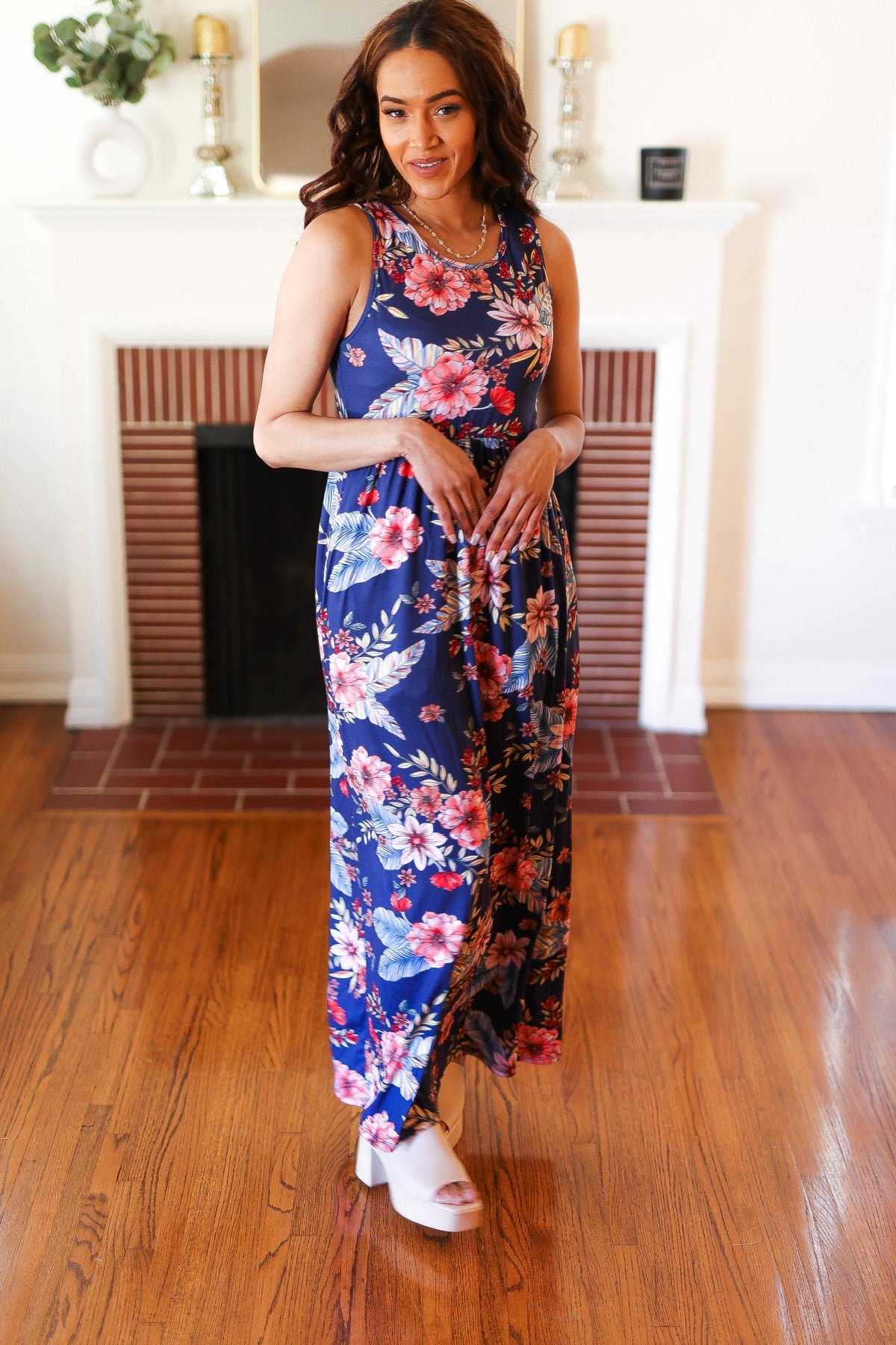 Navy Floral Fit and Flare Sleeveless Maxi Dress