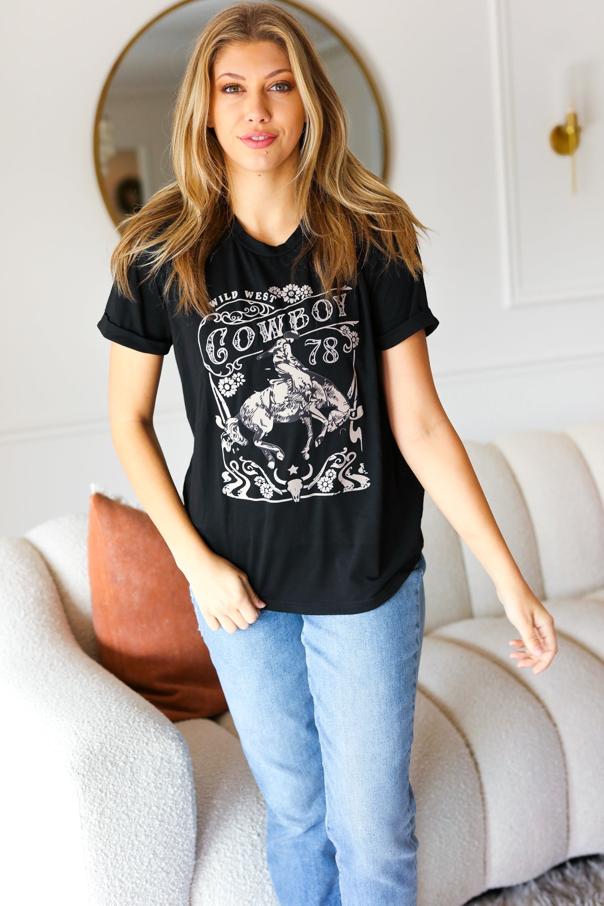 Yeehaw Black Wild West Cowboy Cuffed Sleeve Graphic Tee