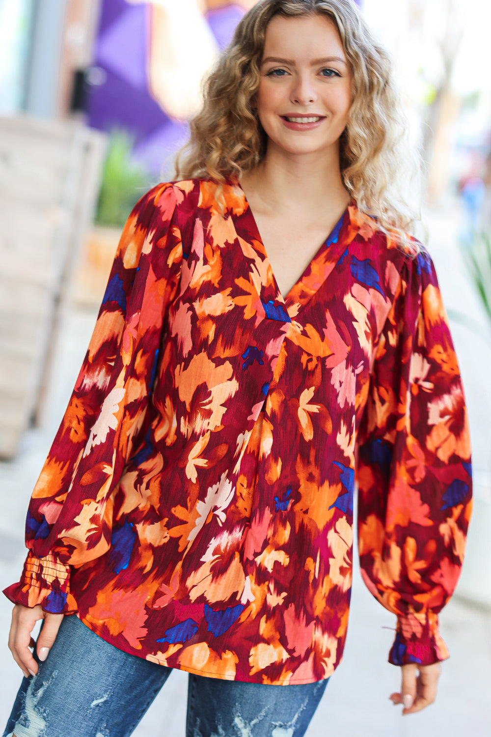 Burgundy Floral Abstract Print V Neck Smocked Top