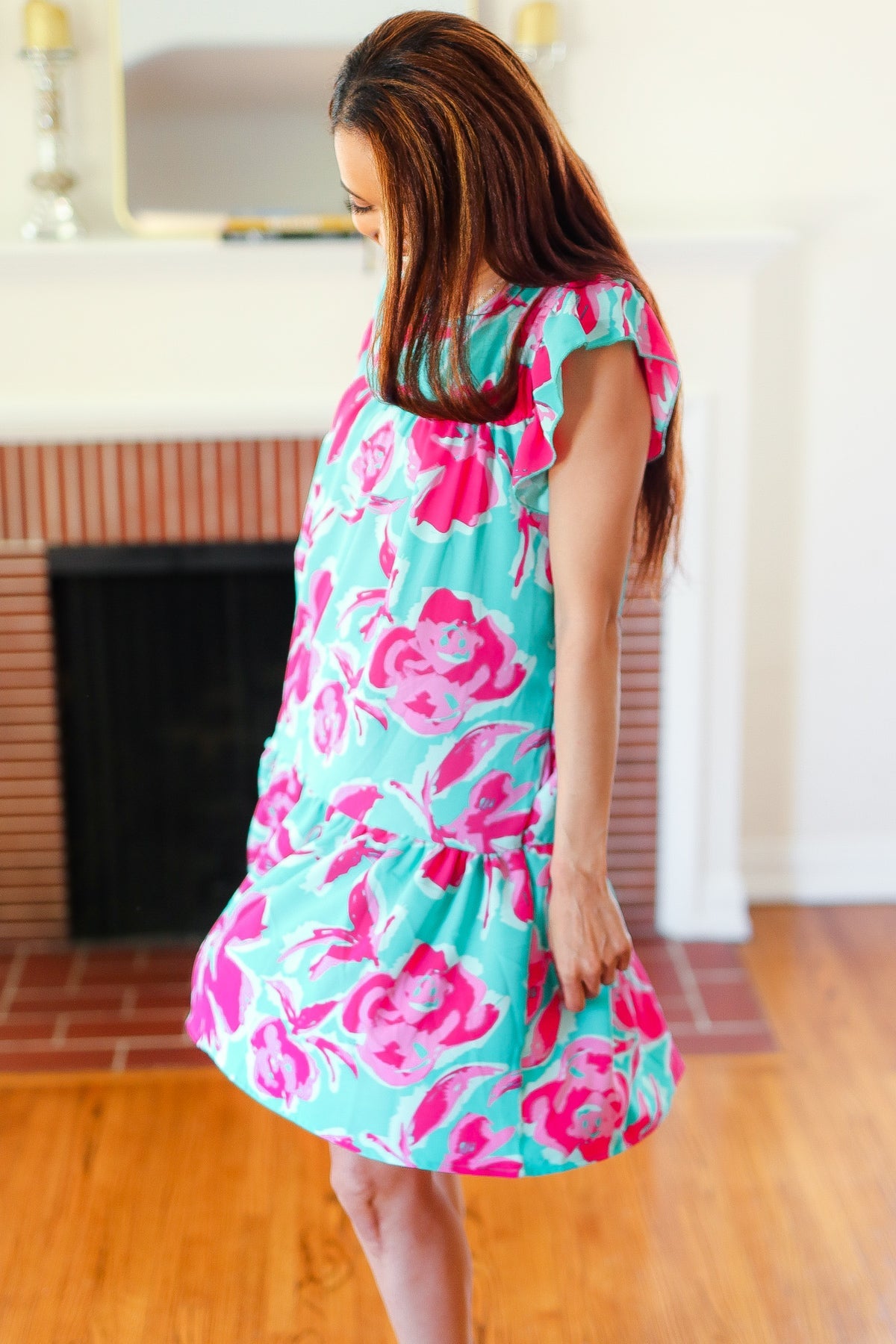 Diva Dreaming Aqua & Fuchsia Floral Print Tiered Ruffle Sleeve Dress