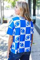 Turn Up The Volume Blue Football Checker Print Top