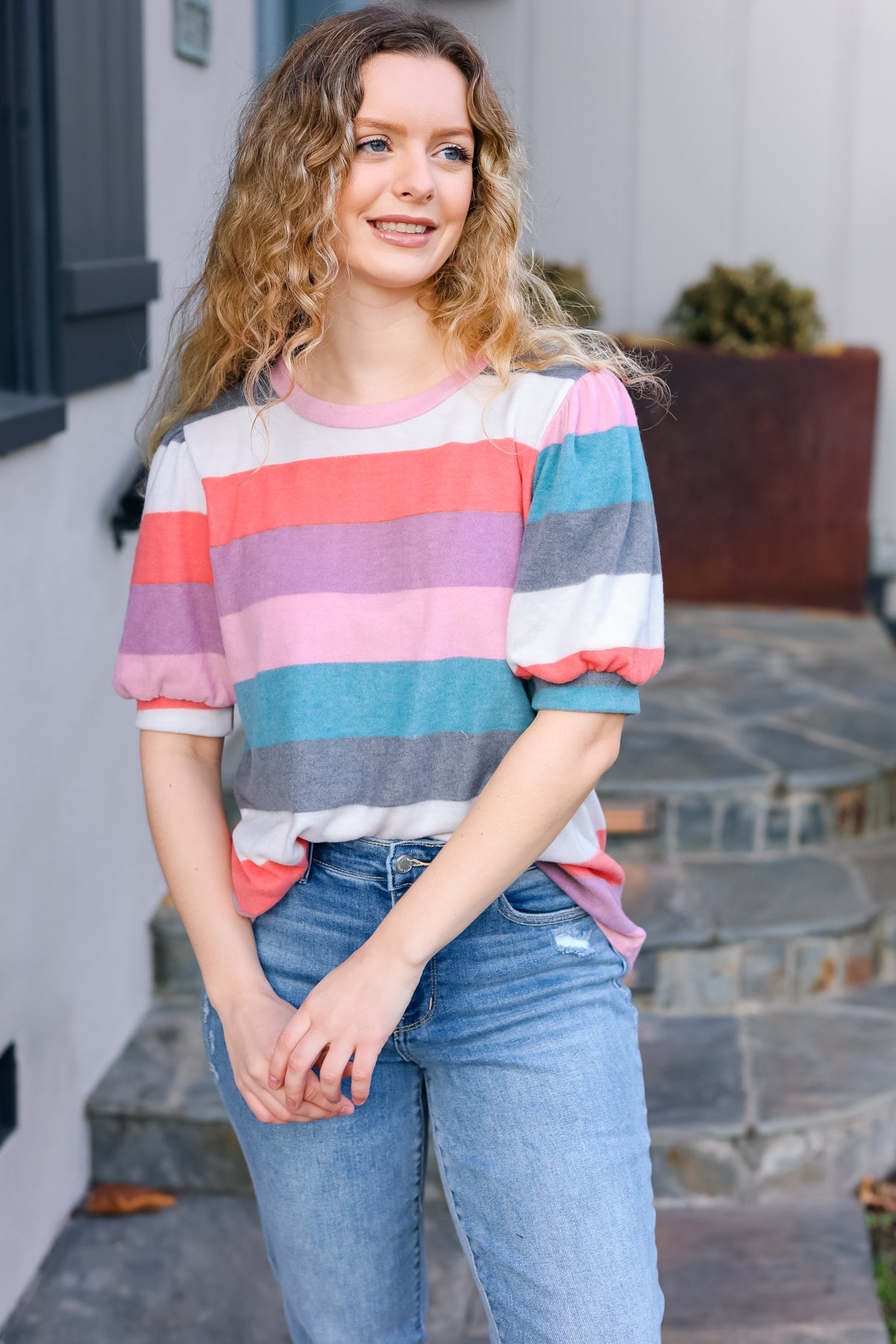 Look Out Teal & Rose Striped Hacci Knit Puff Sleeve Top