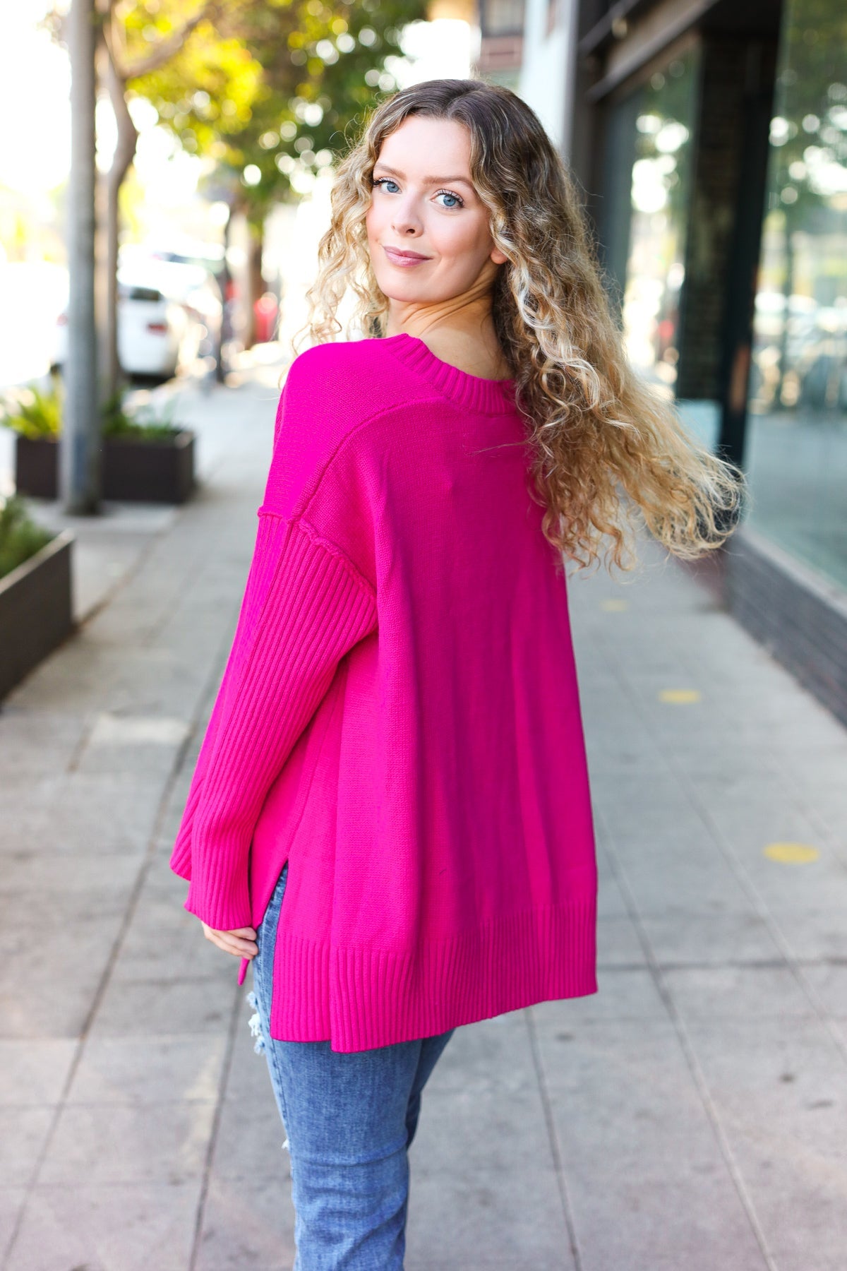 Be Bold Magenta Oversized V Neck Rib Knit Sweater