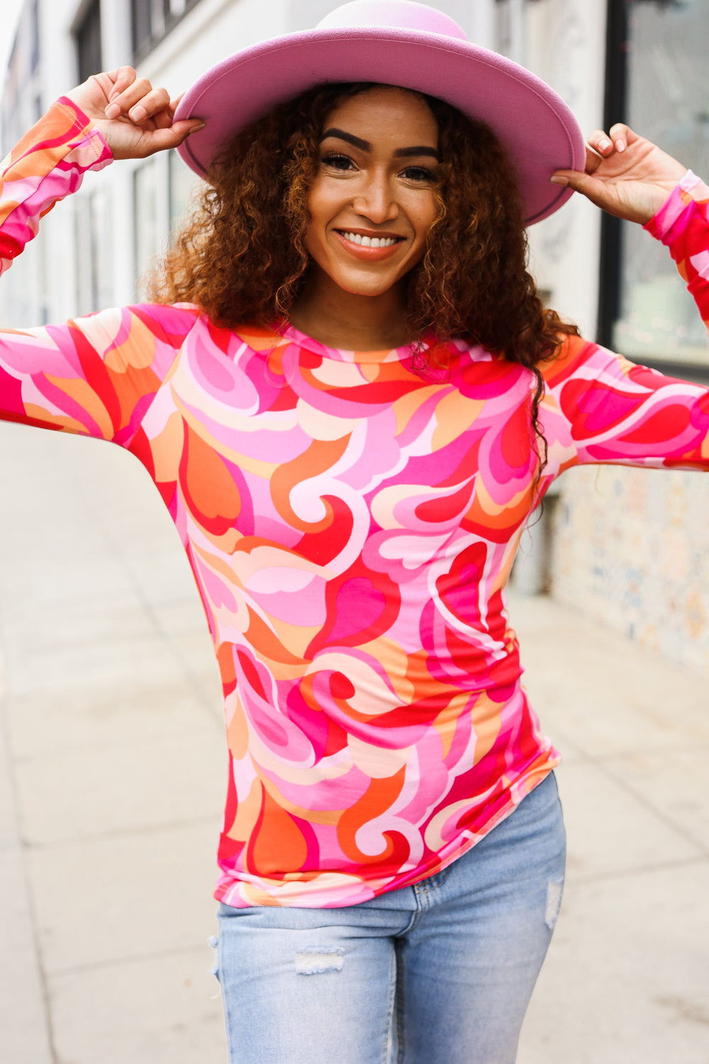 Find Love Red/Pink Fitted Floral Print Buttery Soft Knit Top