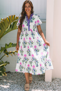 White Floral Puff Short Sleeve V Neck High Waist Maxi Dress