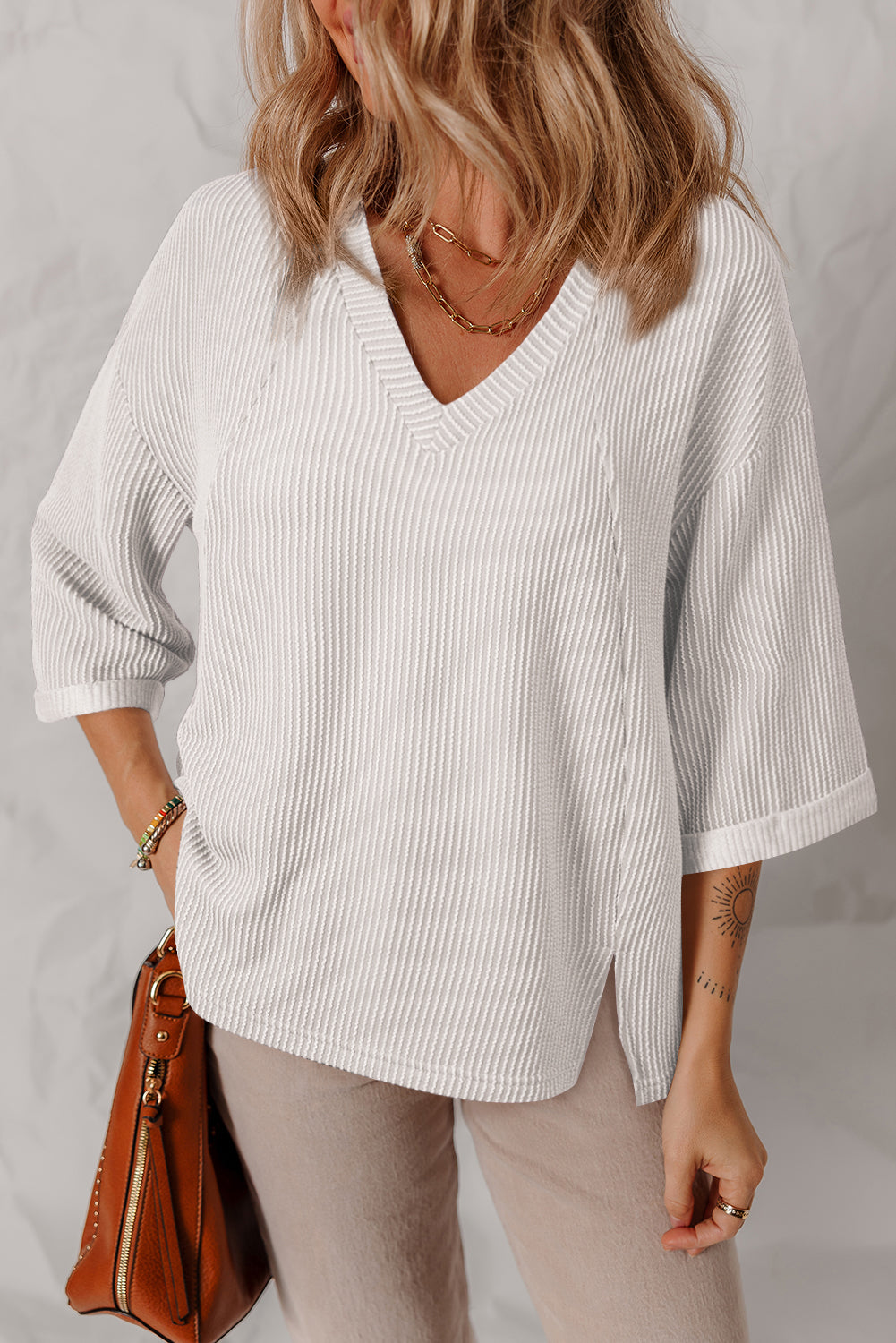 White Corded Sleeve V Neck Top