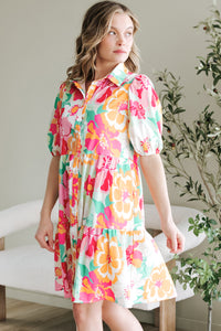 Green Floral Puff Sleeve Collar Buttoned Babydoll Dress