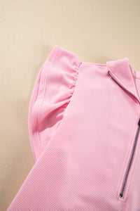 Pink Textured Ruffled Sleeve Zipped Top and Wide Leg Pants Set