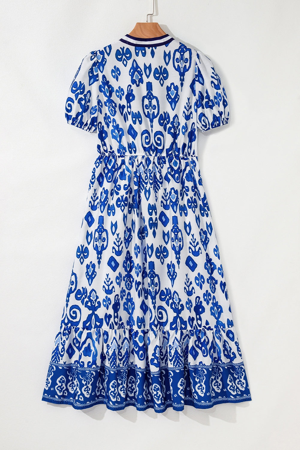White Floral Puff Short Sleeve V Neck High Waist Maxi Dress