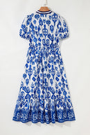 White Floral Puff Short Sleeve V Neck High Waist Maxi Dress