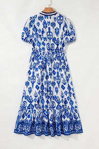 White Floral Puff Short Sleeve V Neck High Waist Maxi Dress