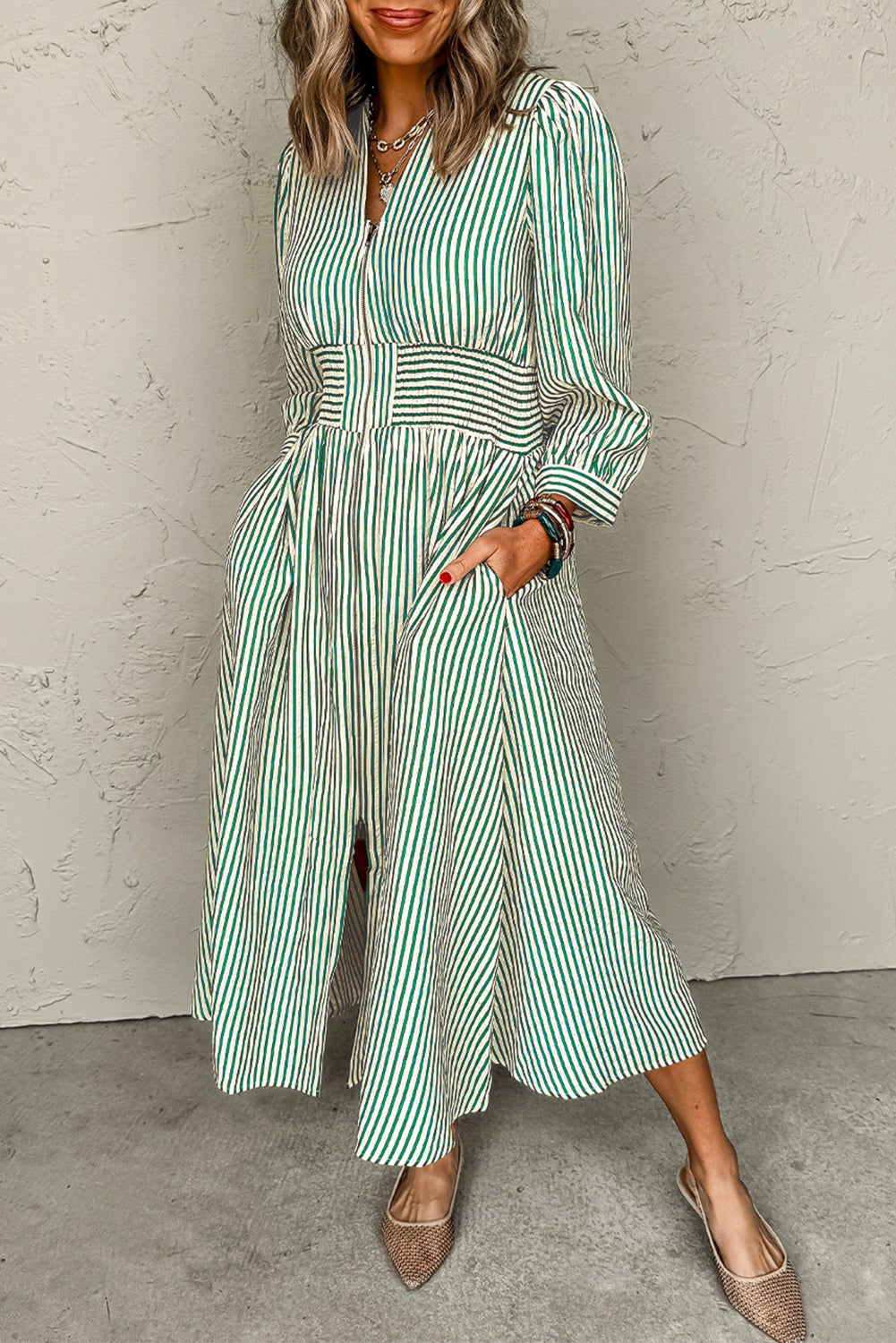 Green Stripe Clinched Midi Dress