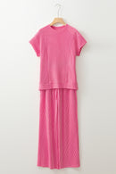 Wild Wind Solid Corded Knit Short Sleeve T Shirt and Wide Leg Pants Set