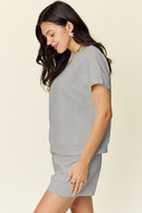 Double Take Full Size Texture Short Sleeve T-Shirt and Drawstring Shorts Set